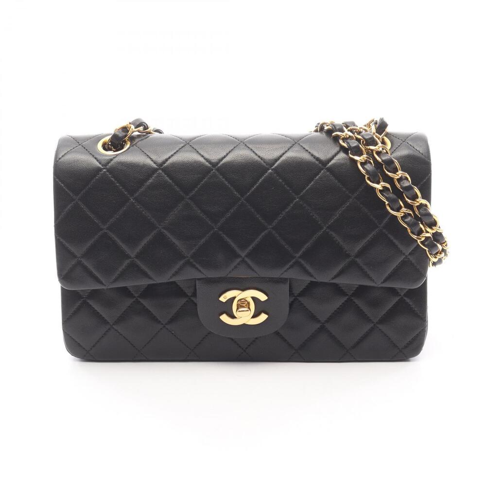 Chanel Matelasse Double Flap Shoulder Bag Lambskin Sheepskin Black